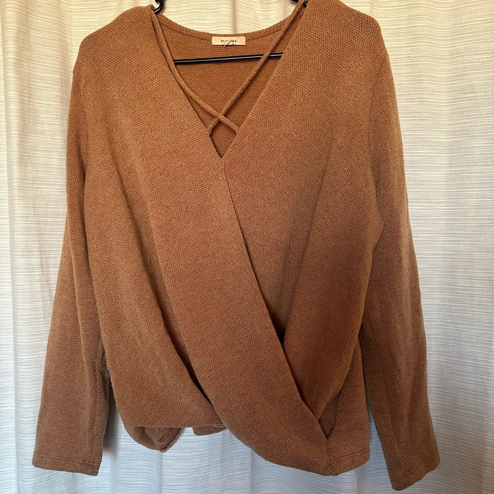 Pleione Brown Cross Front Sweater (petite L)